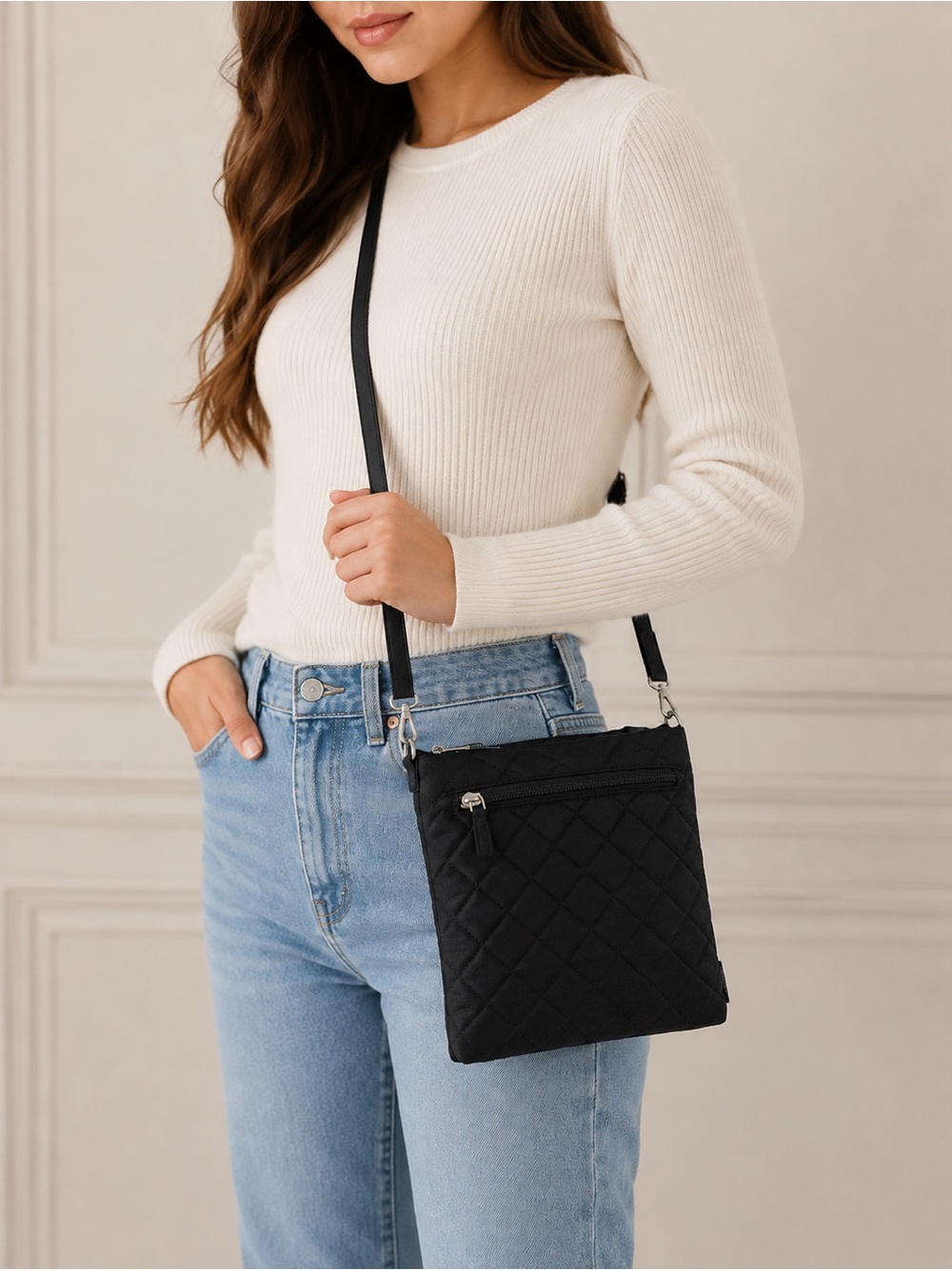 Rae Dunn Quilted Black Crossbody Sling Bag